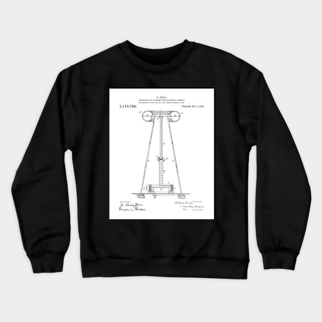 Tesla Transmitter Patent - Electrician Maker Workshop Art - White Crewneck Sweatshirt by patentpress